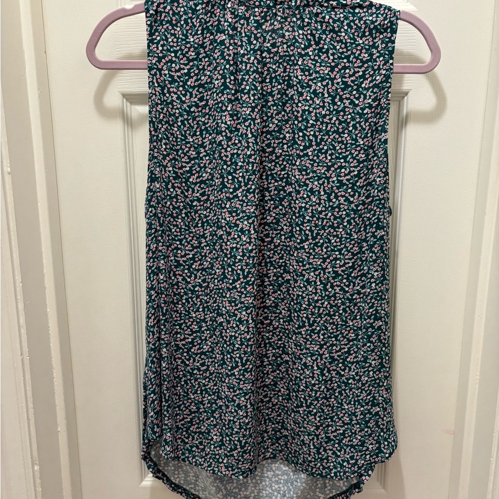 LOFT Green and Pink Floral Blouse Mock Neck Mixed Media